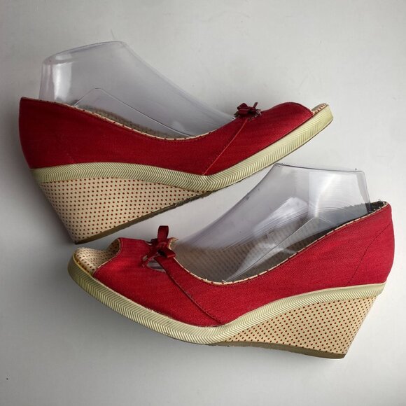 Keds Red Peep Toe Wedges with Bow - Picture 1 of 7